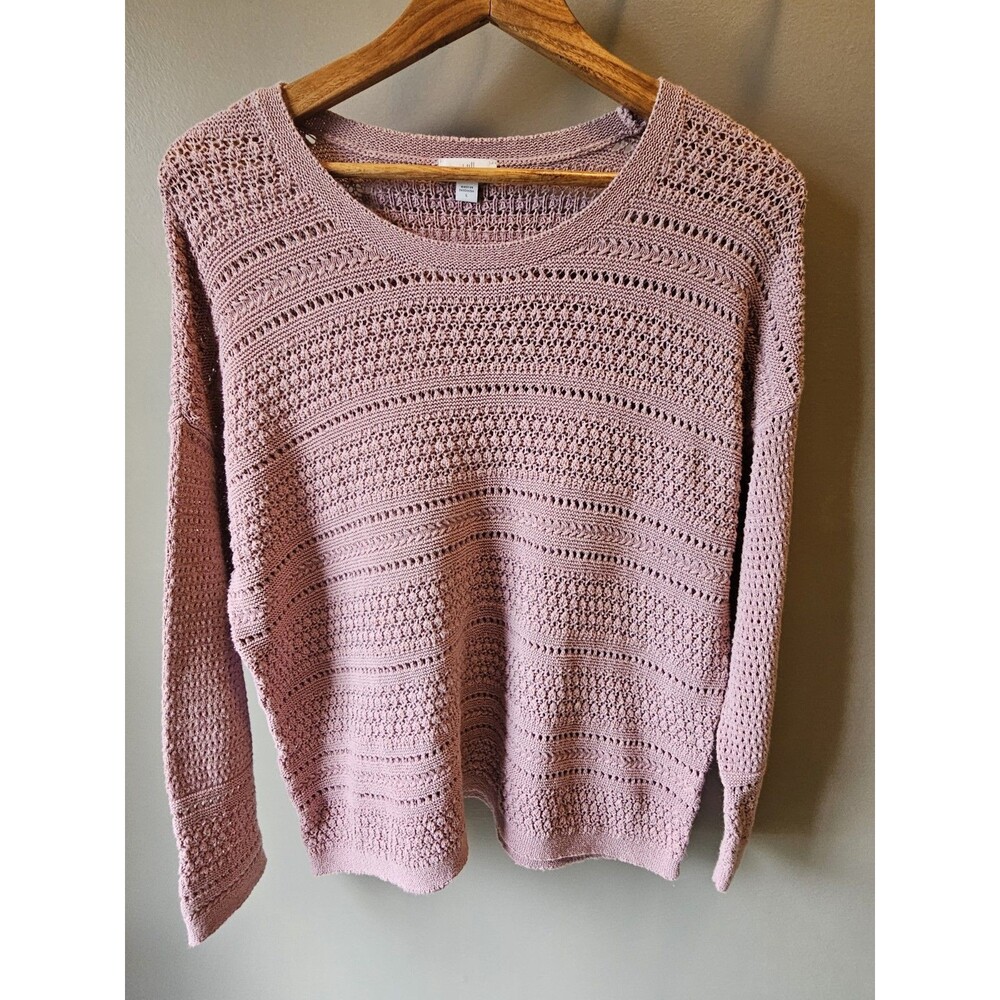 Womens J Jill Open Weave Crochet Sweater Size L Mauve Long Sleeve